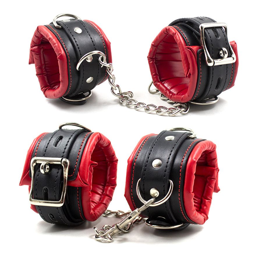 Padded Leather Bondage Handcuffs and Ankle Cuffs Set, Leather Sex Toys SM Wrist Cuffs for Bondage Restraints, Bondage Kit Sex Cuffs, Bondage Cuffs for Sex Games (Wrist & Ankle, Red/Black)