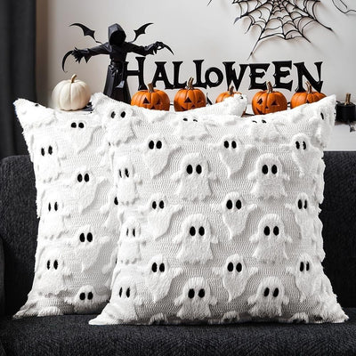 2PCS 45x45cm White Halloween Ghost Cushion Cover 3D Plush Embroidered Throw Pillow Case Festive Sofa Home Decor Set of , PILLOW COVERS ONLY