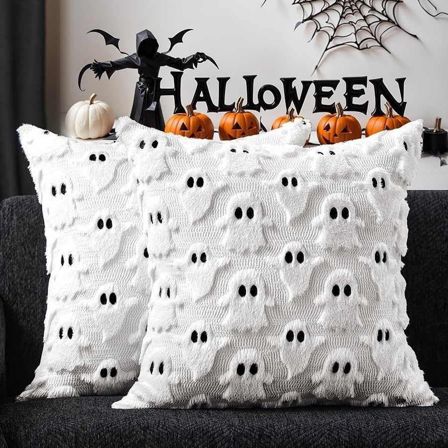 2PCS 45x45cm White Halloween Ghost Cushion Cover 3D Plush Embroidered Throw Pillow Case Festive Sofa Home Decor Set of , PILLOW COVERS ONLY