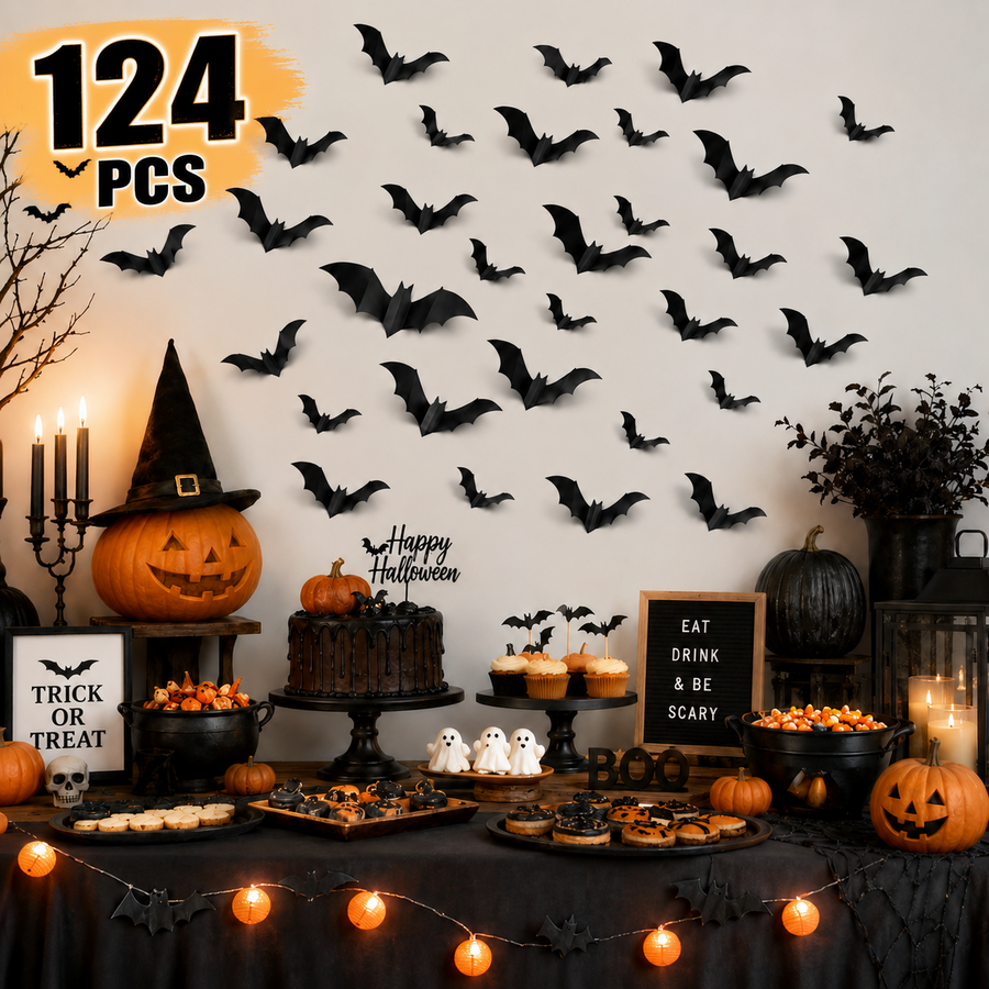 124 PCS Halloween Bat Wall Stickers 3D Black Bat Decorations, PVC Removable Wall Decals for Indoor Outdoor Halloween Party Home Door Window Decor