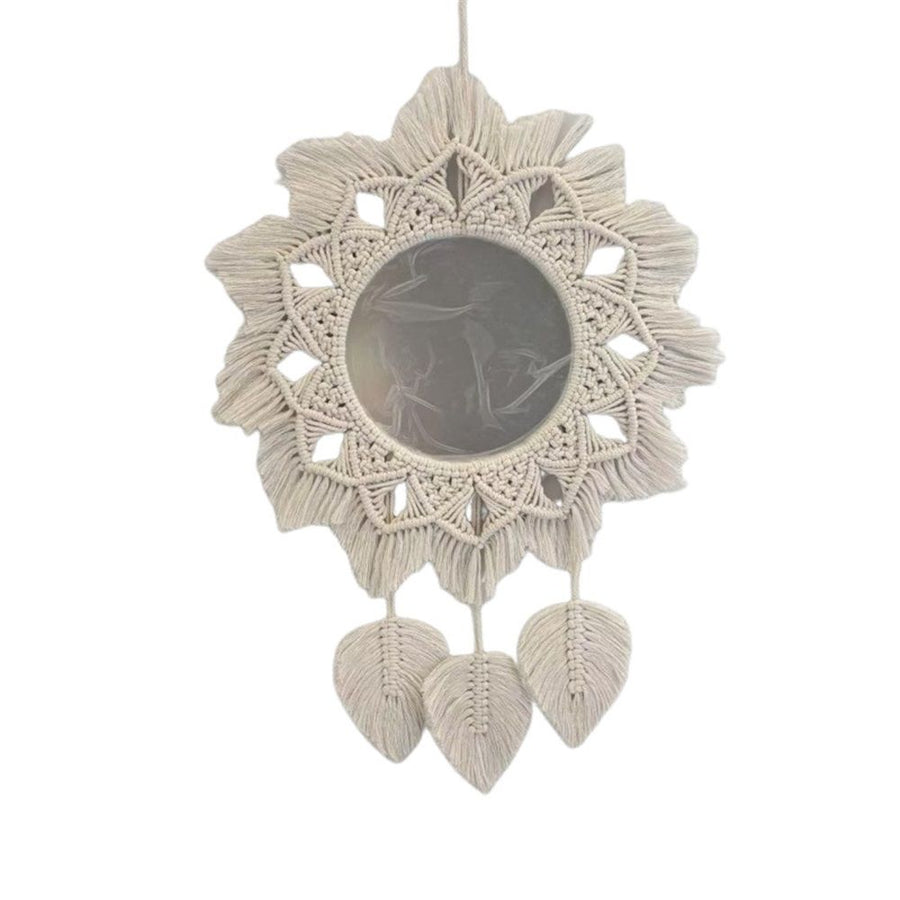 Hanging Wall Macrame Fringe Round Decorative Mirror with Beads Feather Pendant，Art Ornament for Apartment Home Bedroom Living Room