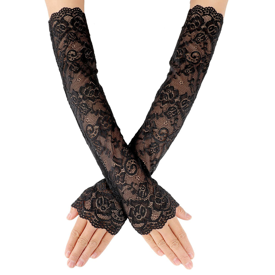 Women’s Fingerless Long Lace Gloves for Weddings, Proms, Opera, Tea Parties & Halloween Costumes（black）