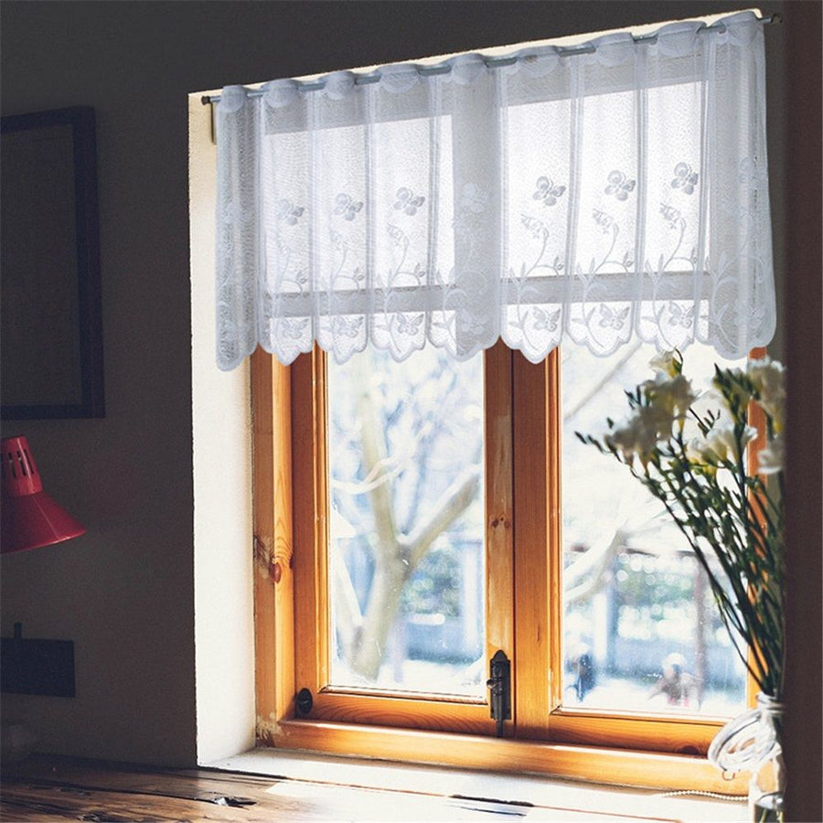 2 Pcs Rod Pocket polyester Curtain White Mesh Window Kitchen Embroidery Floral Voile Curtain forKitchen Cafe Dinning Bath Room, 130*45cm（Only curtains）