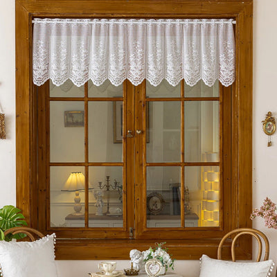Home Designs Single White Kitchen, Flower Lace Kitchen Curtain for Floral Decor, Semi Sheer Scalloped Floral Embroidered Over Sink Cafe Curtain, Window Short Small Drapes (Only curtains,51x18 in)