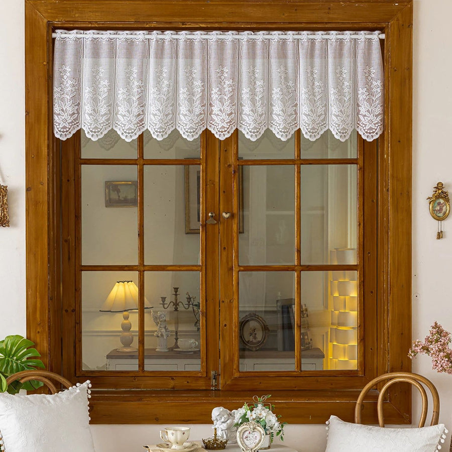 Home Designs Single White Kitchen, Flower Lace Kitchen Curtain for Floral Decor, Semi Sheer Scalloped Floral Embroidered Over Sink Cafe Curtain, Window Short Small Drapes (Only curtains,51x18 in)