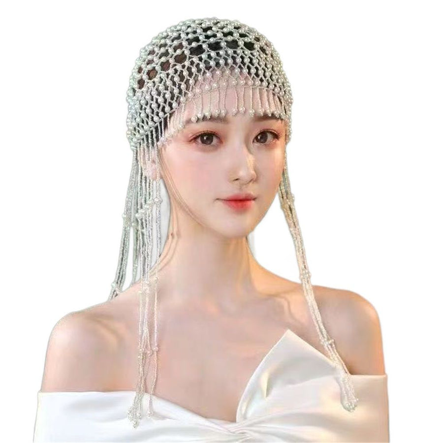 Pearl Flapper Cap Headpiece Head Chain, Jewelry Women Wedding Theme Party Hair Accessories for Women and Girls