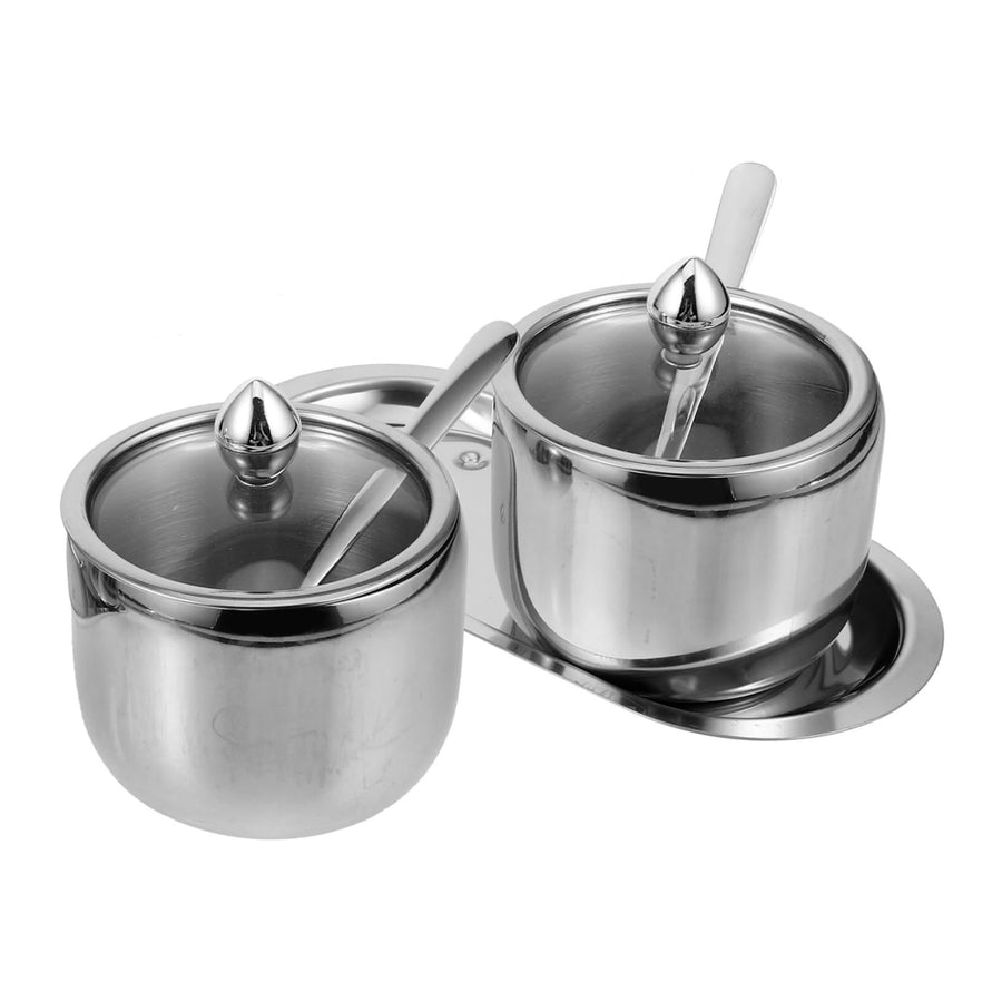 Stainless Steel Sugar Bowl Set with Lid Spoon and Tray Seasoning Box Condiment Pots Sugar Container Seasoning Jar Kitchen Spice Container Canister for Salt Candy (Silver)
