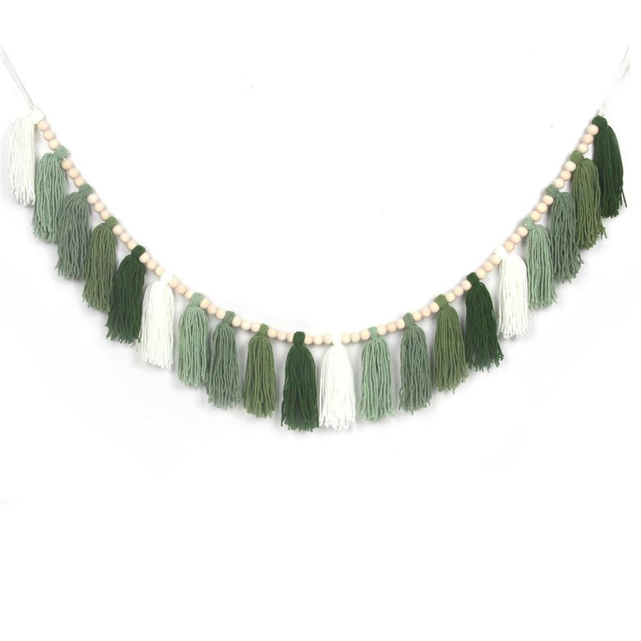 Green Tassel Wall Hanging Decor Forest Woodland Tassel Banner with Beads for Nursery Classroom Office Birthday Party Kids Room Baby Shower Decoration