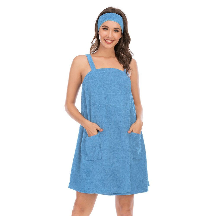 Women's Towel Wrap Bathrobe with Adjustable Closure with Pockets & Facial Hairband, Around Towel Robe Dress Beach（M）