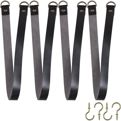 4 pack Leather Curtain Tiebacks Vintage Tie Backs for Outdoor Curtains Pull Backs with 4 Metal Hooks Drapery Holdbacks for Office Home Living Room Bedroom (Black, Narrow)