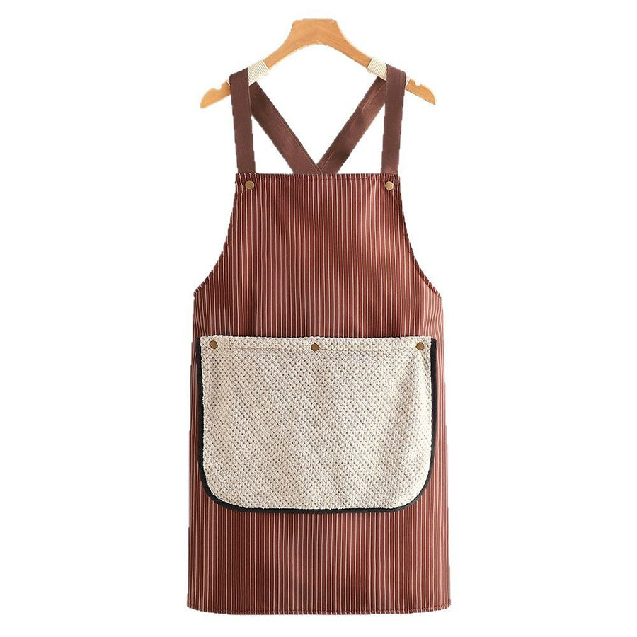 Apron for Women with Pocket, Cross Back No Tie Pinafore No Tie for Kitchen Garden Cooking with Hand Wipe （brown）
