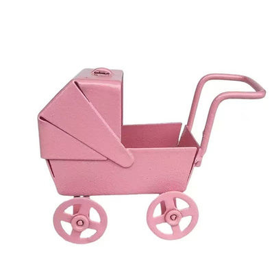 Adorable Baby Decorative Stroller Carriage Basket, Pink,Mini model scene accessories props Iron baby stroller