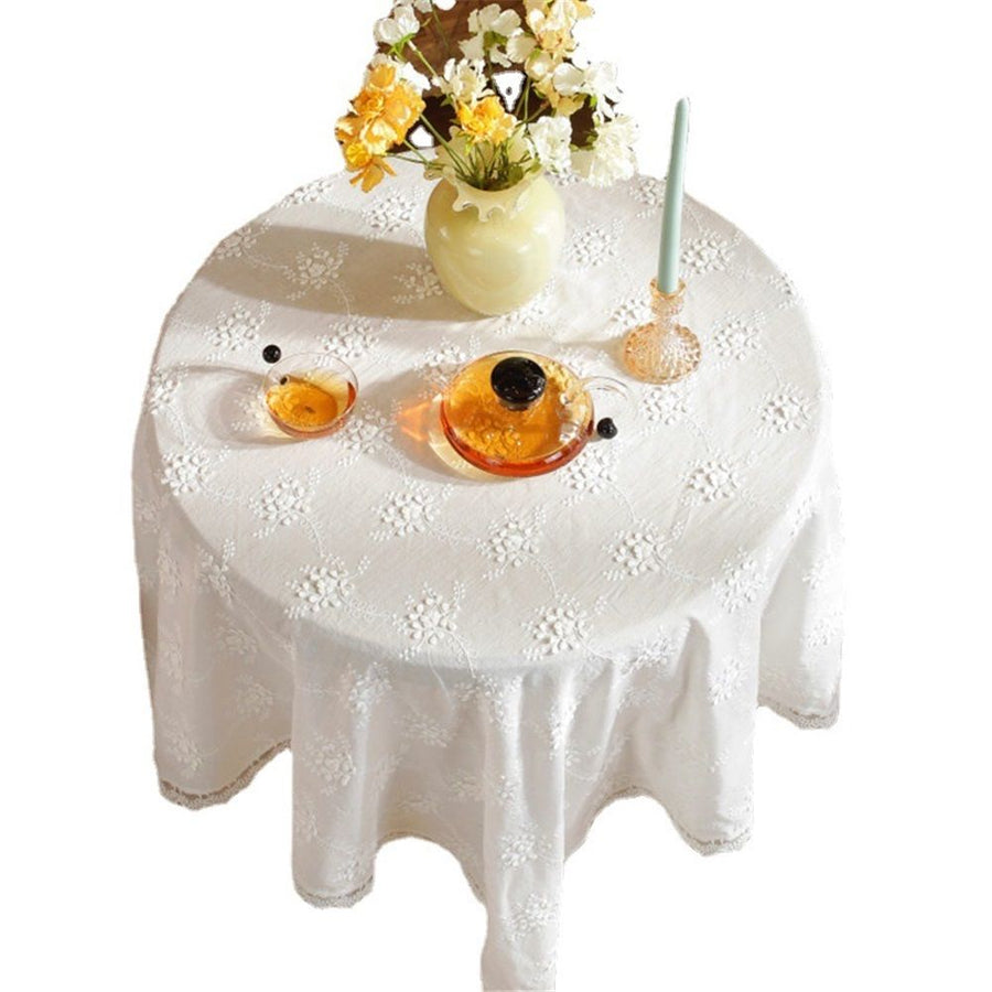 dimensional white embroidered tablecloth with small fresh flowers, wavy lace, rectangular tablecloth, coffee table cover cloth（ 90cm)