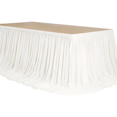 4TF  Extra Long White Chiffon Table Skirt with Pooling Tulle Tablecloth for Wedding, Birthday, and Cake Table Decorations