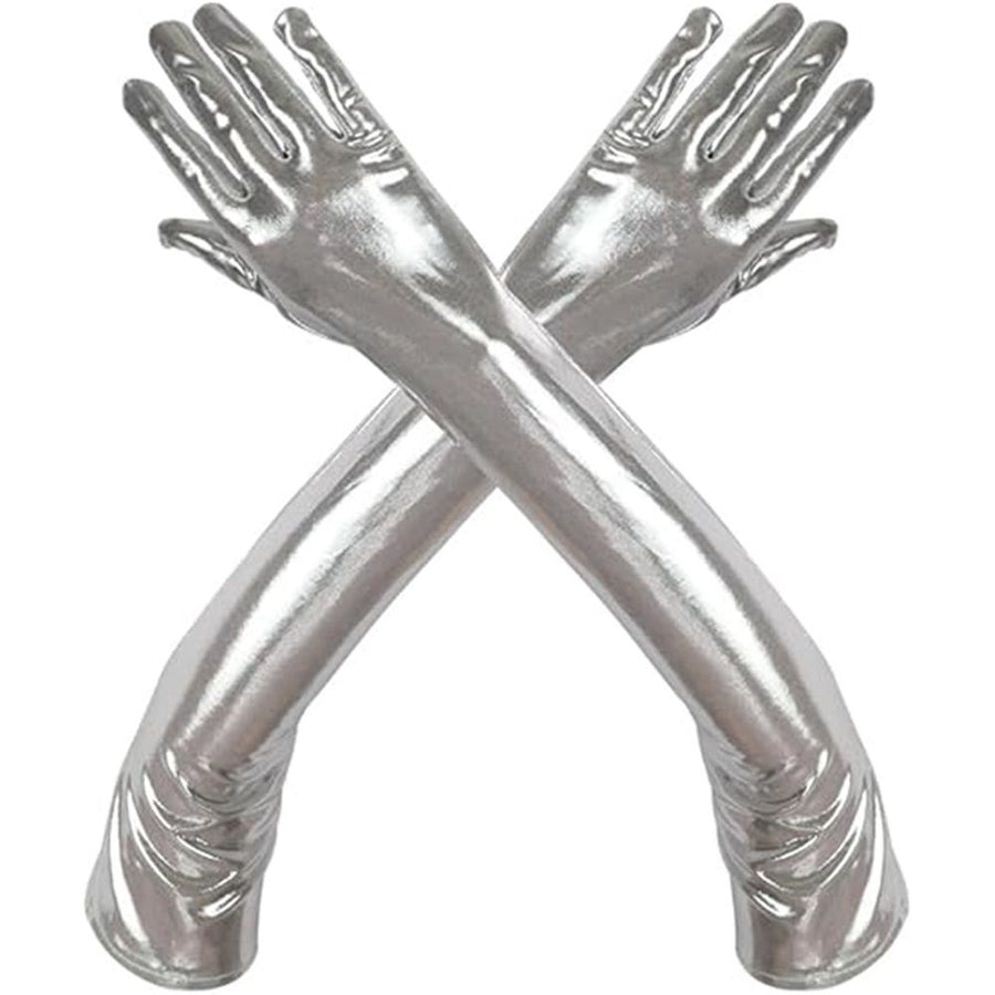 two pairs Sparkling metal long gloves role-playing party gloves costume opera gloves makeup performance props（silvery）