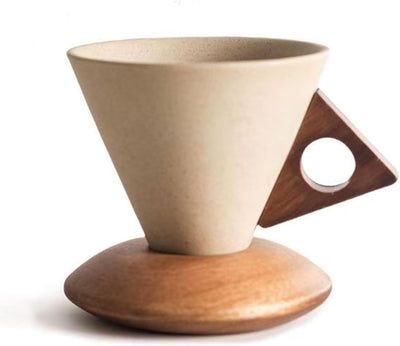 Conical Ceramic Wood Coffee Cup 250ml/8.45oz, Solid Wood Handle and Coaster, Compatible With Dishwasher, Suitable for Home, Restaurant, Party, and Office Use