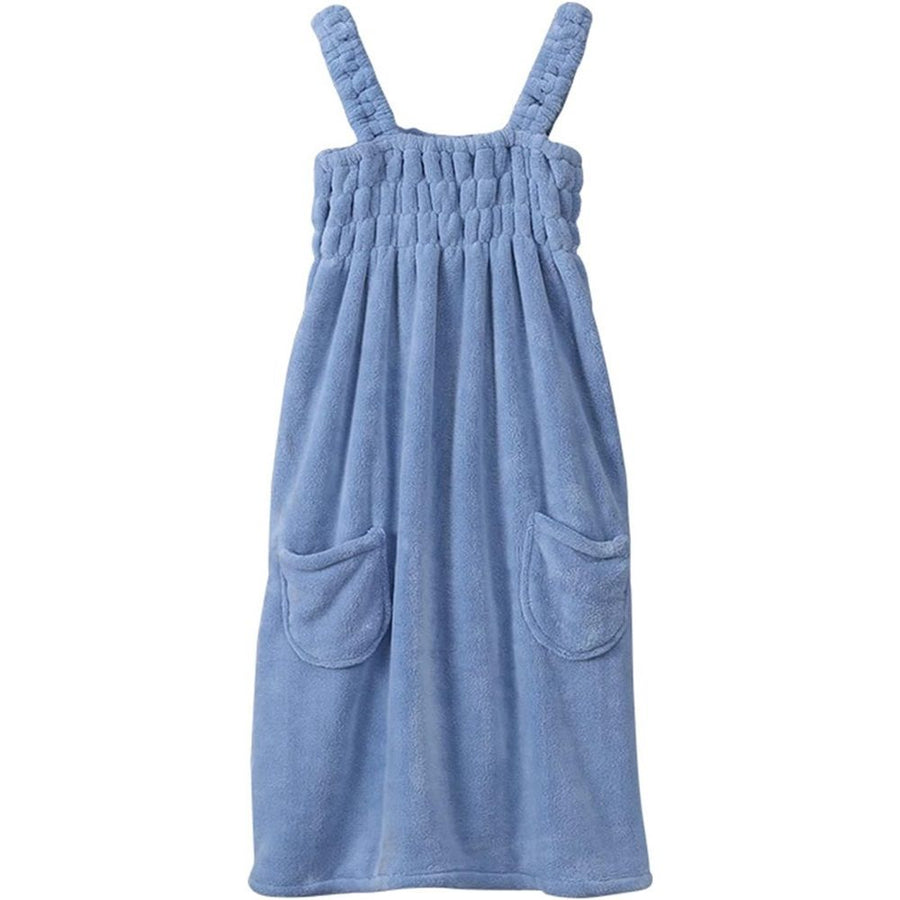 Women Bath Towel Dress Coral Fleece Absorbent Shower Wrap with Straps Pockets Quick Dry Bathrobe for  Sauna Pool（Blue）