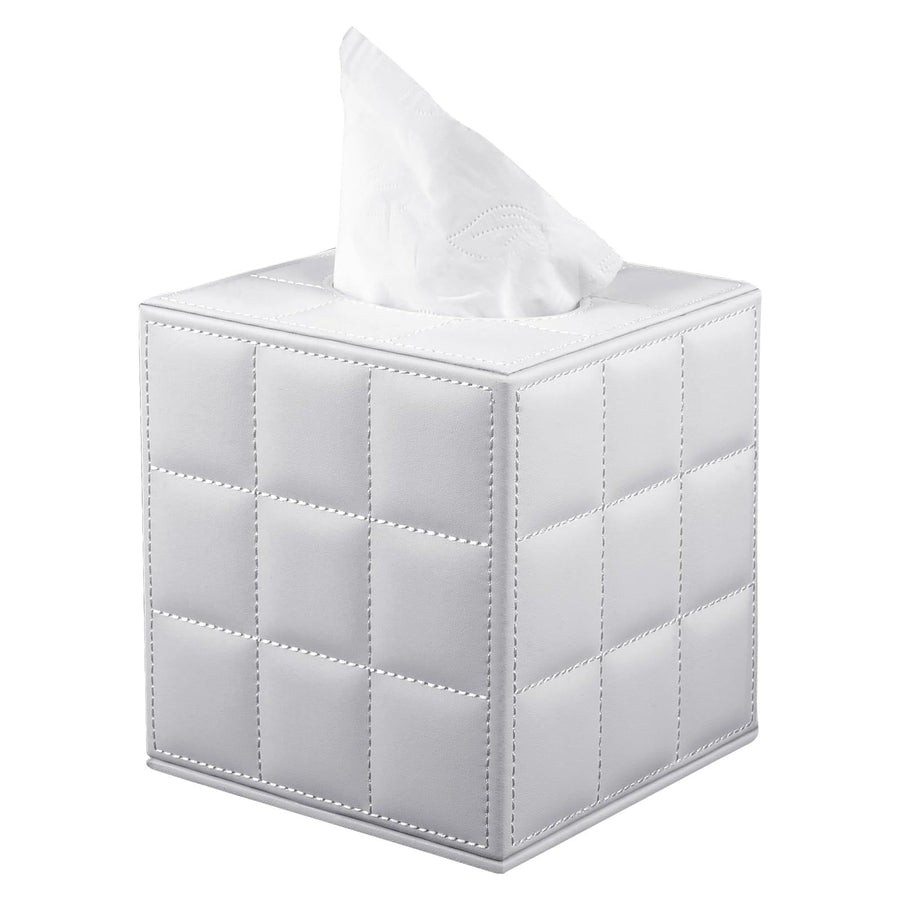 Tissue Box Cover Square,Stylish PU Leather Tissue Box Holder for Dresser Bathroom,Facial Tissue Holder with Magnetic Bottom for Home Office (White)