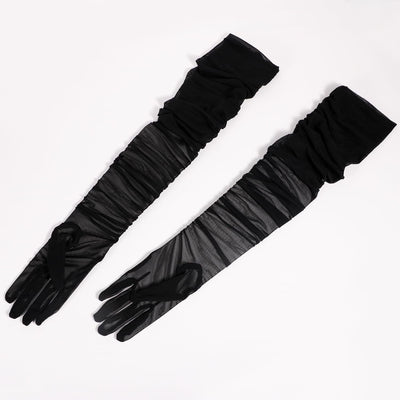 Women's Stretchy Super Long Tulle Gloves Ruched Mesh Sheer Gloves for Evening Hallowmas Opera Party（black）