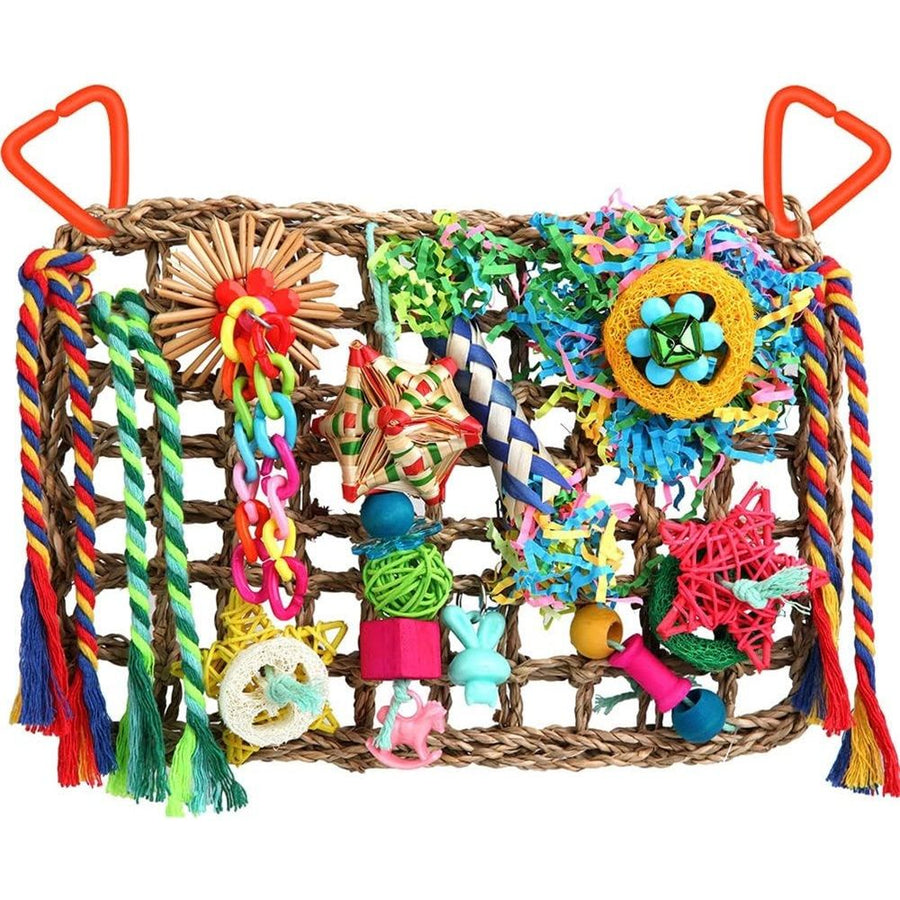 Bird Toys, Bird Foraging Wall Toy, Edible Seagrass Woven Climbing Hammock Mat with Colorful Chewing Toys, Suitable for Lovebirds