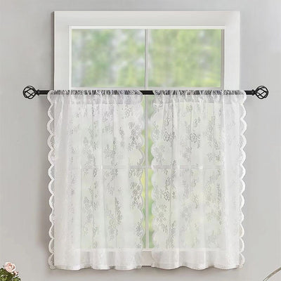 Vintage Lace Kitchen Curtains  2 Panels, Romantic Semi Sheer Floral Over Sink Lacy Cafe Curtain, Elegant Window Short Small Drapes, 75*60cm, Pure White
