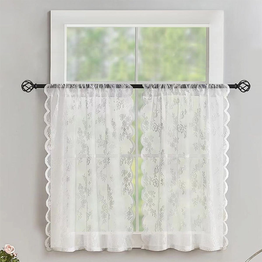 Vintage Lace Kitchen Curtains  2 Panels, Romantic Semi Sheer Floral Over Sink Lacy Cafe Curtain, Elegant Window Short Small Drapes, 75*60cm, Pure White