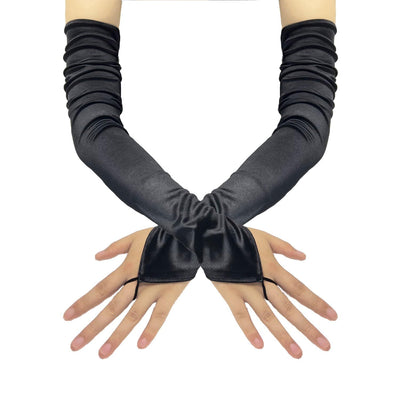 Women Long Satin Fingerless Gloves Satin Elbow Length Gloves for Bridal Wedding Party Prom Opera Costumes Accessories（black）