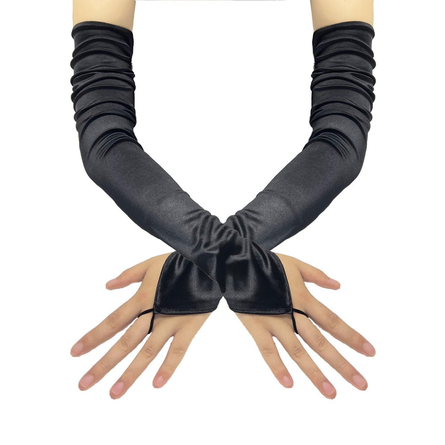 Women Long Satin Fingerless Gloves Satin Elbow Length Gloves for Bridal Wedding Party Prom Opera Costumes Accessories（black）