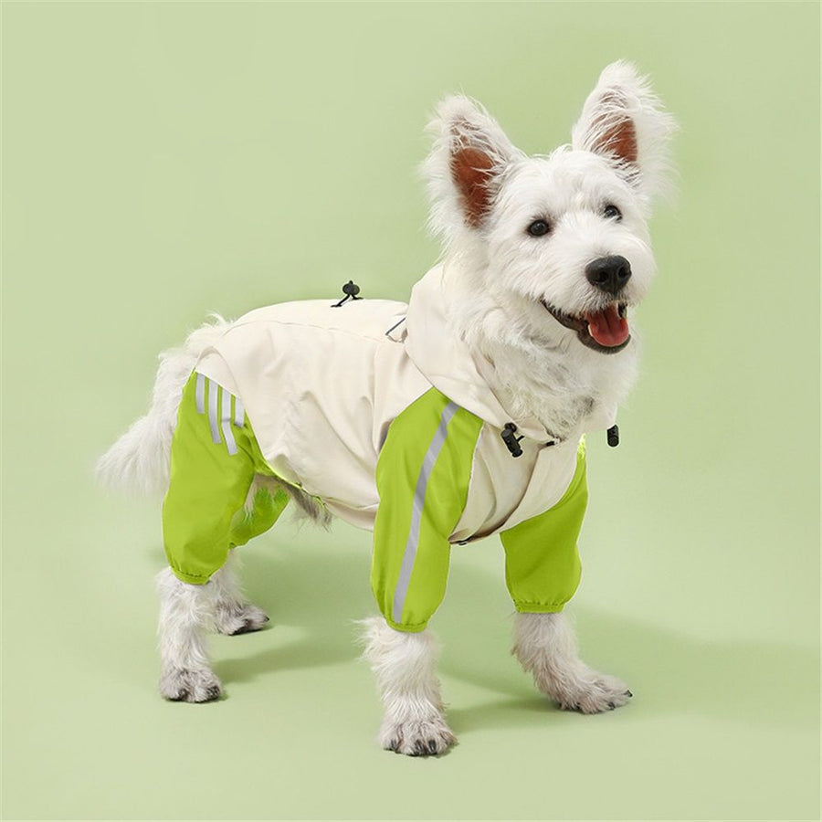 Dog raincoat, 4-leg dog raincoat, waterproof and rainproof jacket for dogs, with reflective pet cloak, suitable for both boys and girls, (color blocked white and green    L)