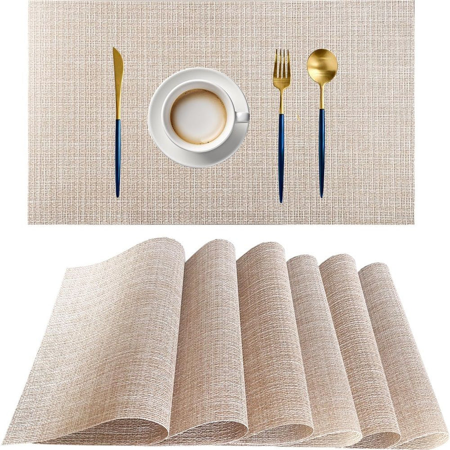 Beige Placemats Set of 6 Vinyl PVC Durable Place Mats for Dining Table,Heat Resistant Non-Slip Woven Tabel Mats (18x12 inches, Beige)，Only table mats