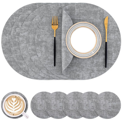 Round Faux Leather Placemats, Washable Dual-Side Table Mats, Wipeable Heat-Resistant Dining Place Mats for Outdoor and Indoor, Set of 6, Diameter 13 inch, Light Grey，Only placemats are available