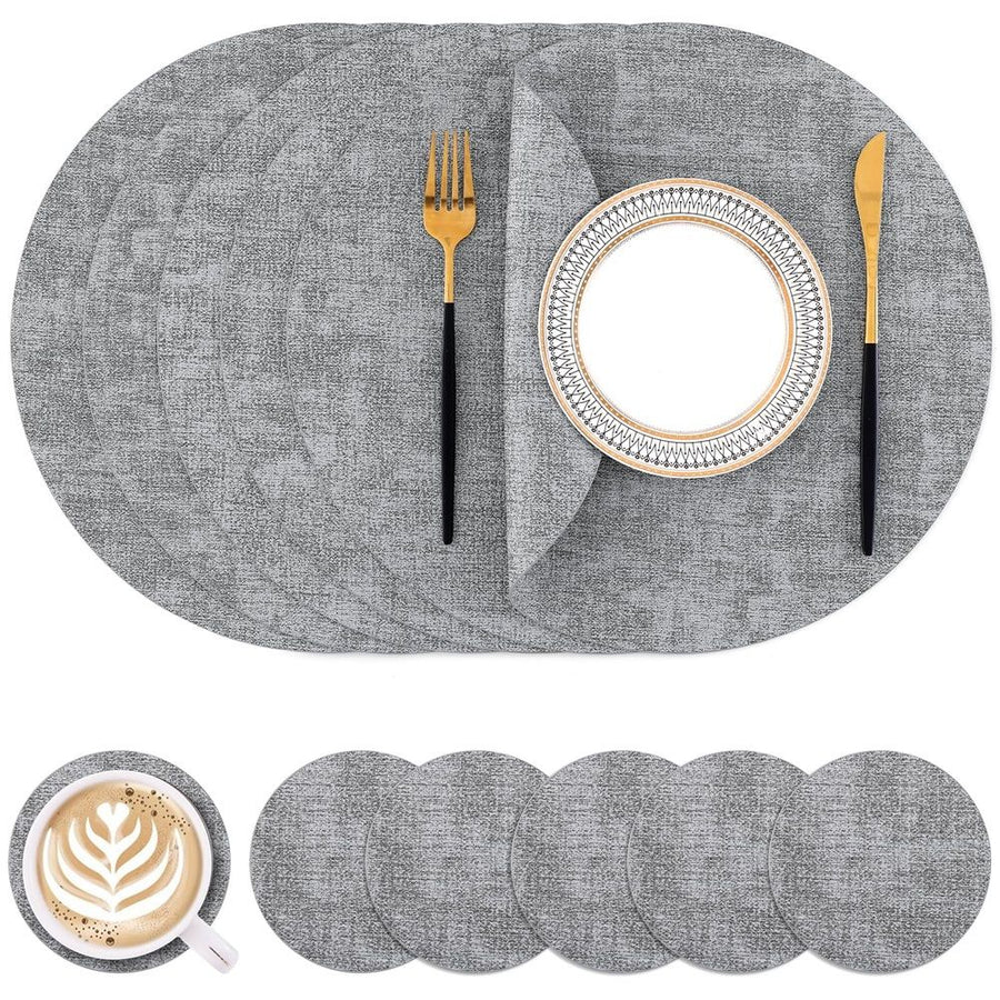 Round Faux Leather Placemats, Washable Dual-Side Table Mats, Wipeable Heat-Resistant Dining Place Mats for Outdoor and Indoor, Set of 6, Diameter 13 inch, Light Grey，Only placemats are available