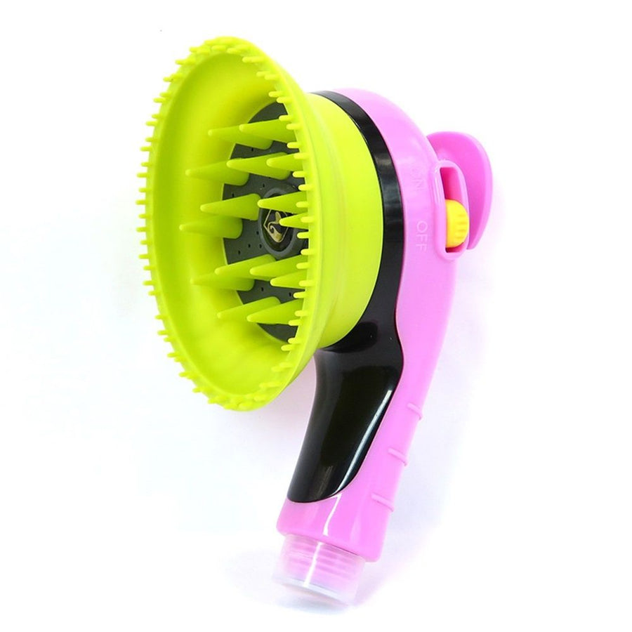 Handheld Shower Brush with On/Off Switch and Water Pressure Control | Shield Water While Brushing and Washing Simultaneously | Dog Washing ShowerPink handle+yellow (one)