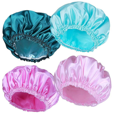 Shower Cap for Women, Large Waterproof Shower Essentials Bonnet Washable Elastic Band Bath Hair Wrap Hat for Long Hair, Braids(peacock green, sky blue, pink, light pink)4Pcs