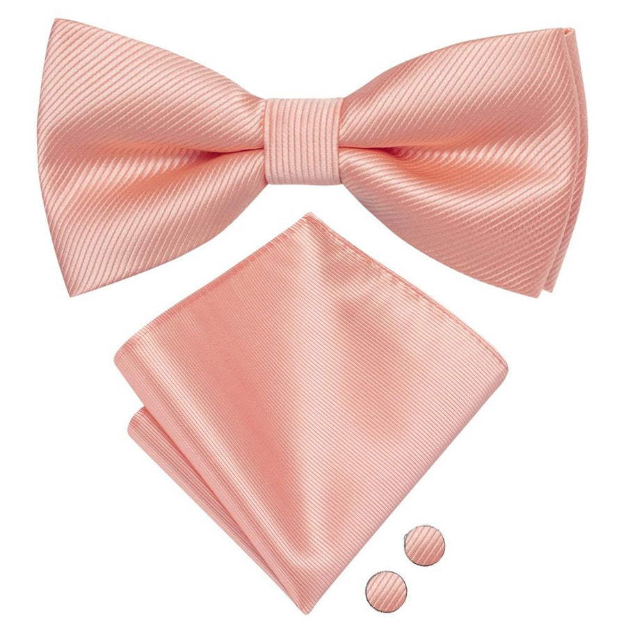 Mens Silk Bow Tie Pocket Square Cufflinks Set Pre-Tied Butterfly Knot Bowtie For Male Wedding Business（pink）