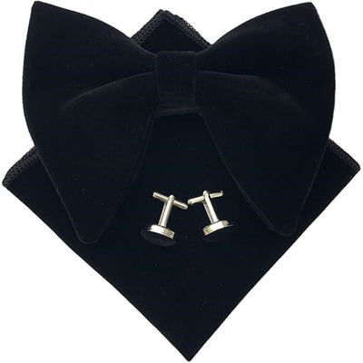 Mens Pre-Tied Bow Tie Tuxedo Oversized Velvet Bowtie Cufflinks Combo Sets,Velvet Bow, Tuxedo Big Bowtie and Pocket Square Cufflinks(Black)