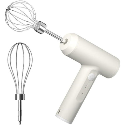 Cordless Hand Mixer, One Touch Off Handheld Electric Whisk with 3 Speed Modes, Hand Held Egg Beater with 2 Detachable Stir Whisks (White）
