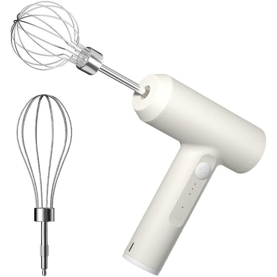 Cordless Hand Mixer, One Touch Off Handheld Electric Whisk with 3 Speed Modes, Hand Held Egg Beater with 2 Detachable Stir Whisks (White）