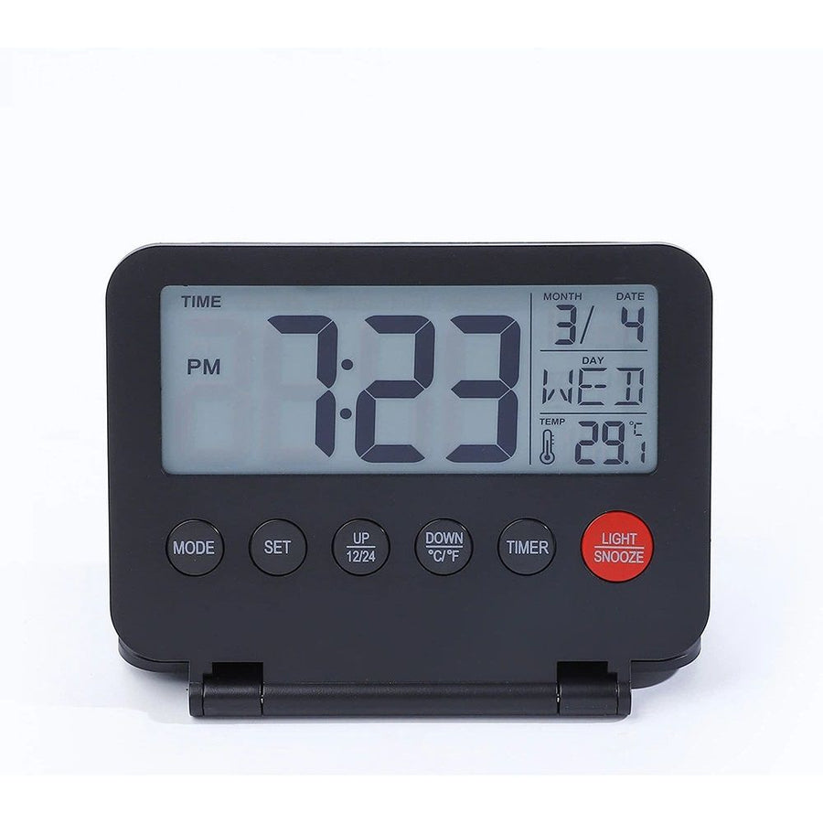 Digital Travel Alarm Clock - LCD Display, Backlit desktop alarm clock, student folding mirror electronic clock, temperature display, snooze, portable clock（black）