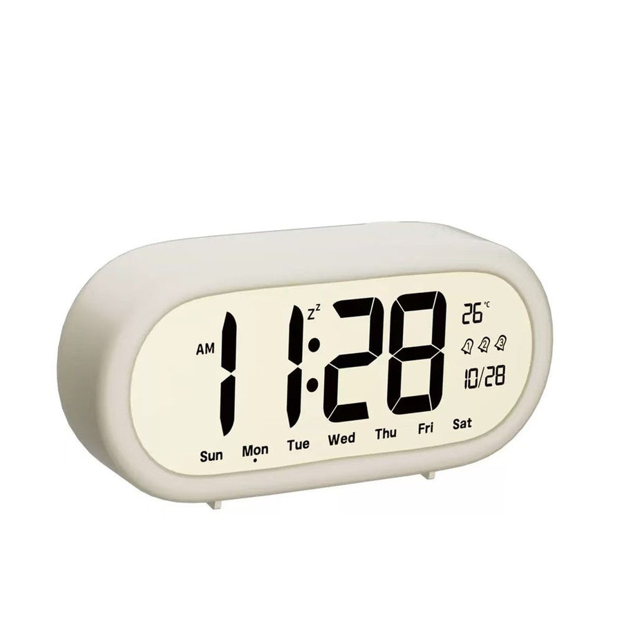 High definition LCD alarm clock, large volume, self regulating intelligent alarm clock, temperature, calendar, time management(White)