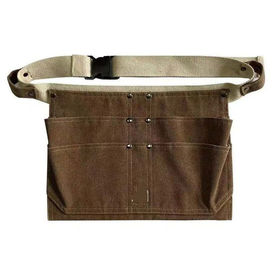 Tool Waist Apron, Heavy Duty Waxed Canvas Tool Belt, Waist Tool Belt with Pockets and 2 Hammer Loops, Adjustable Length（brown）
