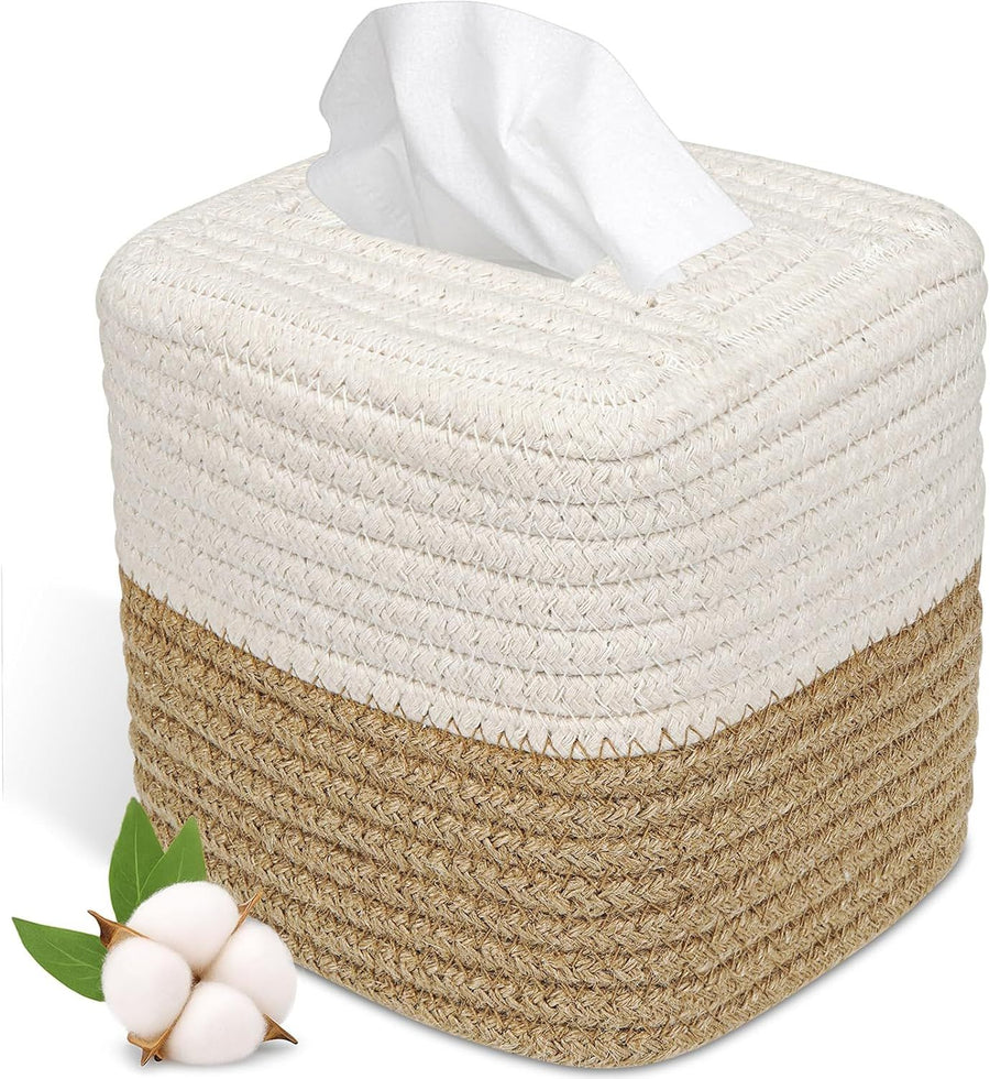 Square Boho Tissue Box Cover: Hand-Woven Holder for Bathroom, Table & Kitchen – Open-Bottom Design Decorative Cover for Home, Office & Farmhouse Decor（White+Khaki）