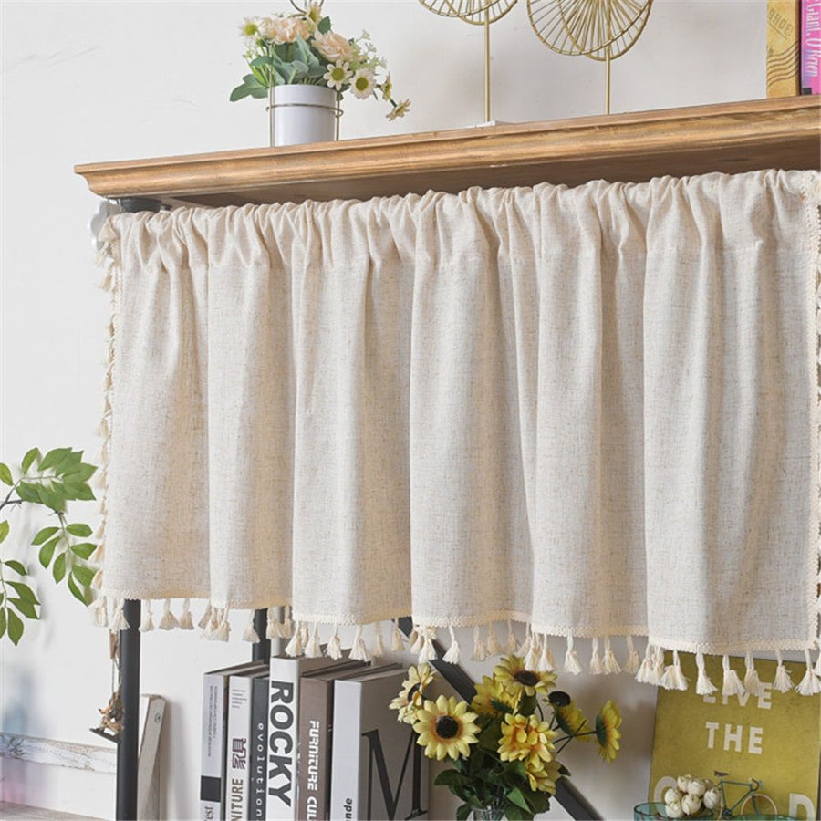 Boho Sheer Curtain  Cotton Linen with Bohemian Handmade Tassels, Short French Farmhouse Window Treatment for Kitchen Cafe, Rod Pocket, 150*45cm（Pole curtain）Excluding curtain rods