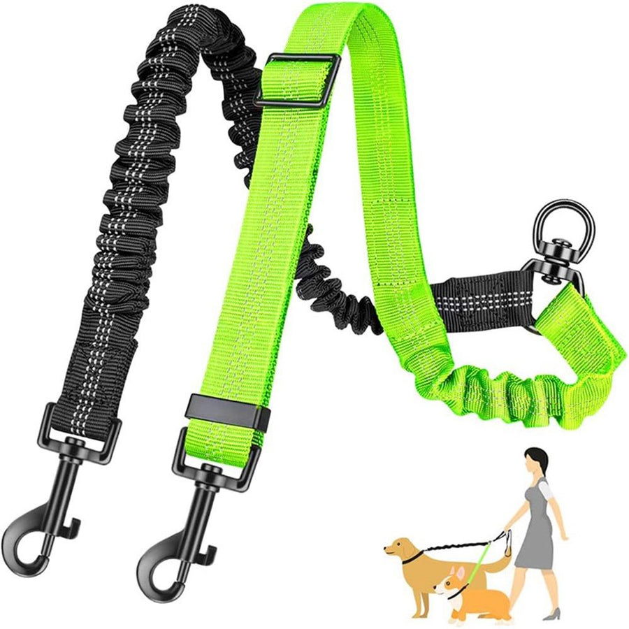 2 in 1  Double Dog Leash Attachment Combine Adjustable Strap and Shock Absorbing Bungee No Tangle Dual Training Splitter for Different Size Dogs（Black fluorescent green ）