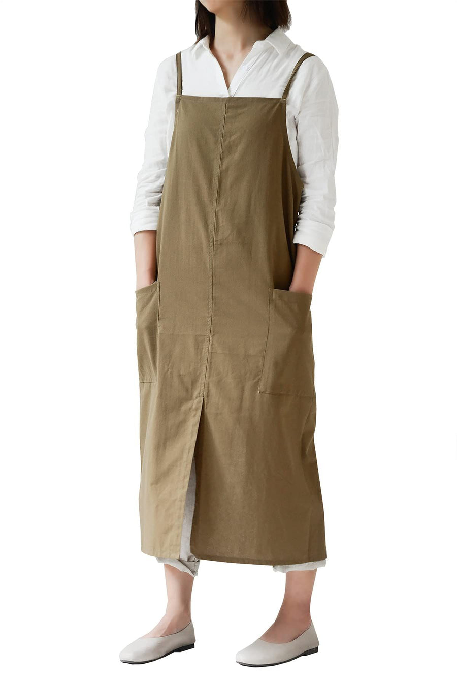 cotton and linen work apron baking flower shop painting nail art milk tea shop barista adjustable shoulder strap（khaki green）