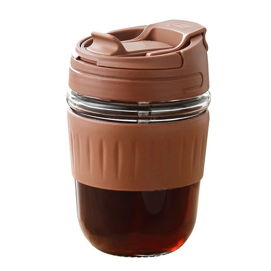 Leak proof glass coffee cup with lid lock, reusable coffee cup, microwave and dishwasher safe (khaki 350ML)