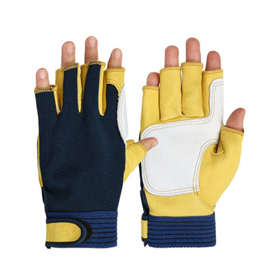 Safety protection labor gloves, half finger breathable and wear-resistant, suitable for outdoor work, cycling, courier, genuine leather and sheepskin gloves（L）