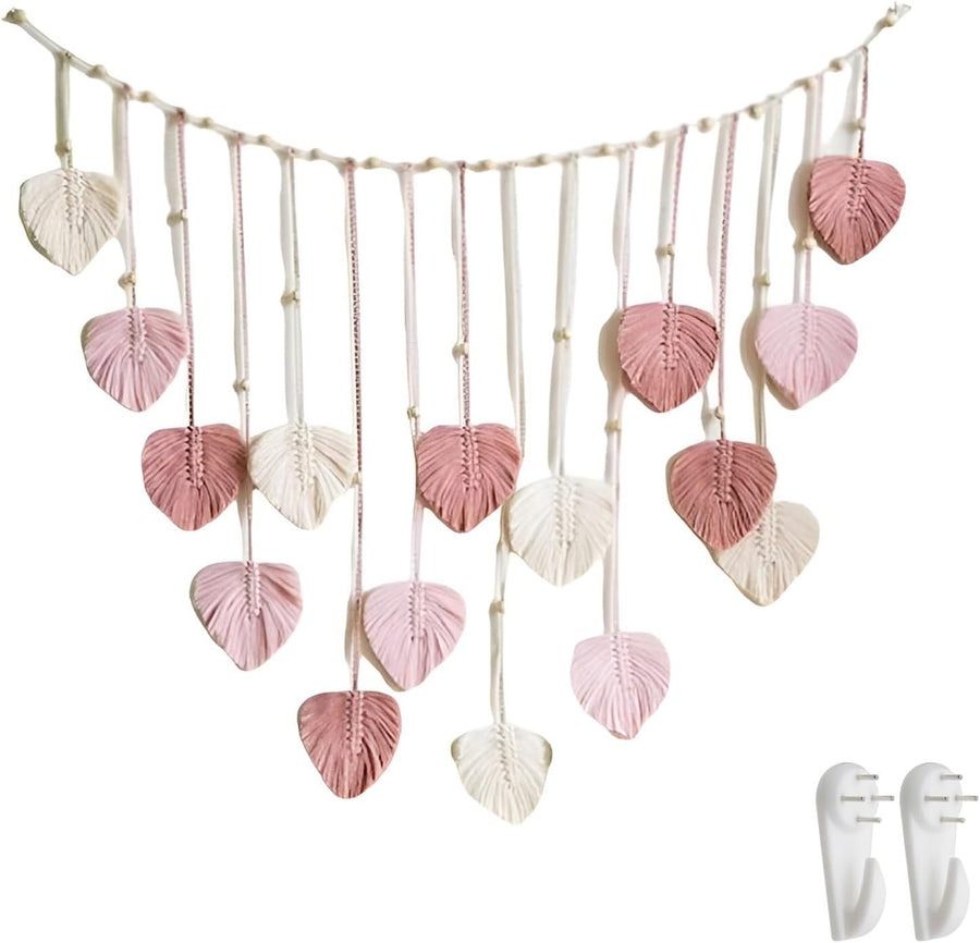 Wall Hanging Boho Leaves Tapestry Chic Bohemian Feather Wall Art Decor Handmade Yarn Woven Pink Leaf Tapestry Wall Decor for Bedroom Living Room Nursery Office Backdrop (Pink )