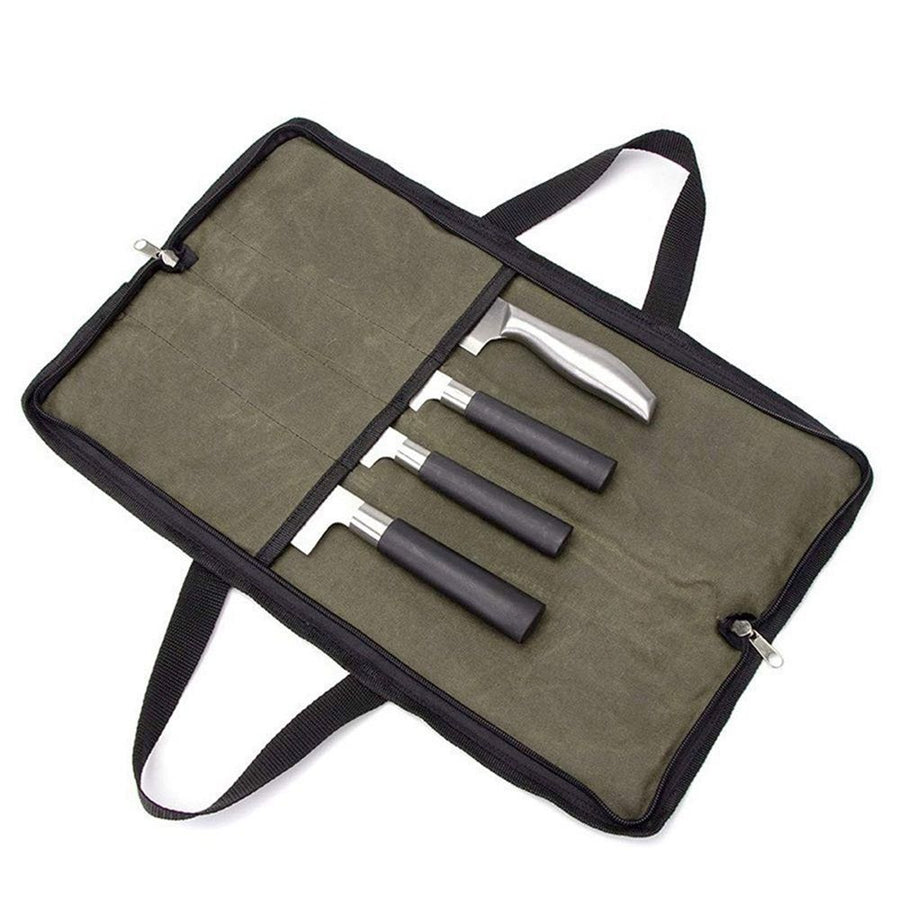 Knife Roll,Heavy Duty Knife Bag,Waxed Canvas knife Case with 4 Slots for Knives & Kitchen Tools,Chef Knife Bag with Handle.Portable Knife Roll Bag for  Home Traveling Camping.olive drab