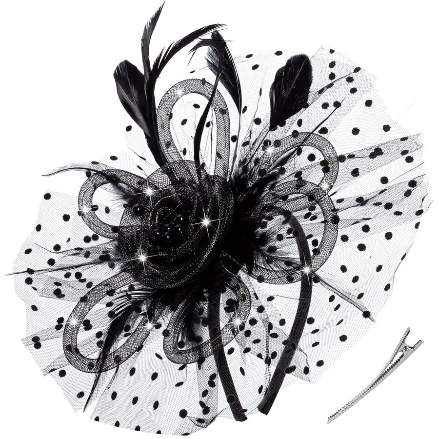 Flower Headband Feather Mesh Wedding Hair Clip for Women  Tea Party Flower Mesh Ribbons Feathers Headband Hair Clips（black）